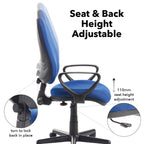 Blue office chair with adjustable seat and back height features on a white background