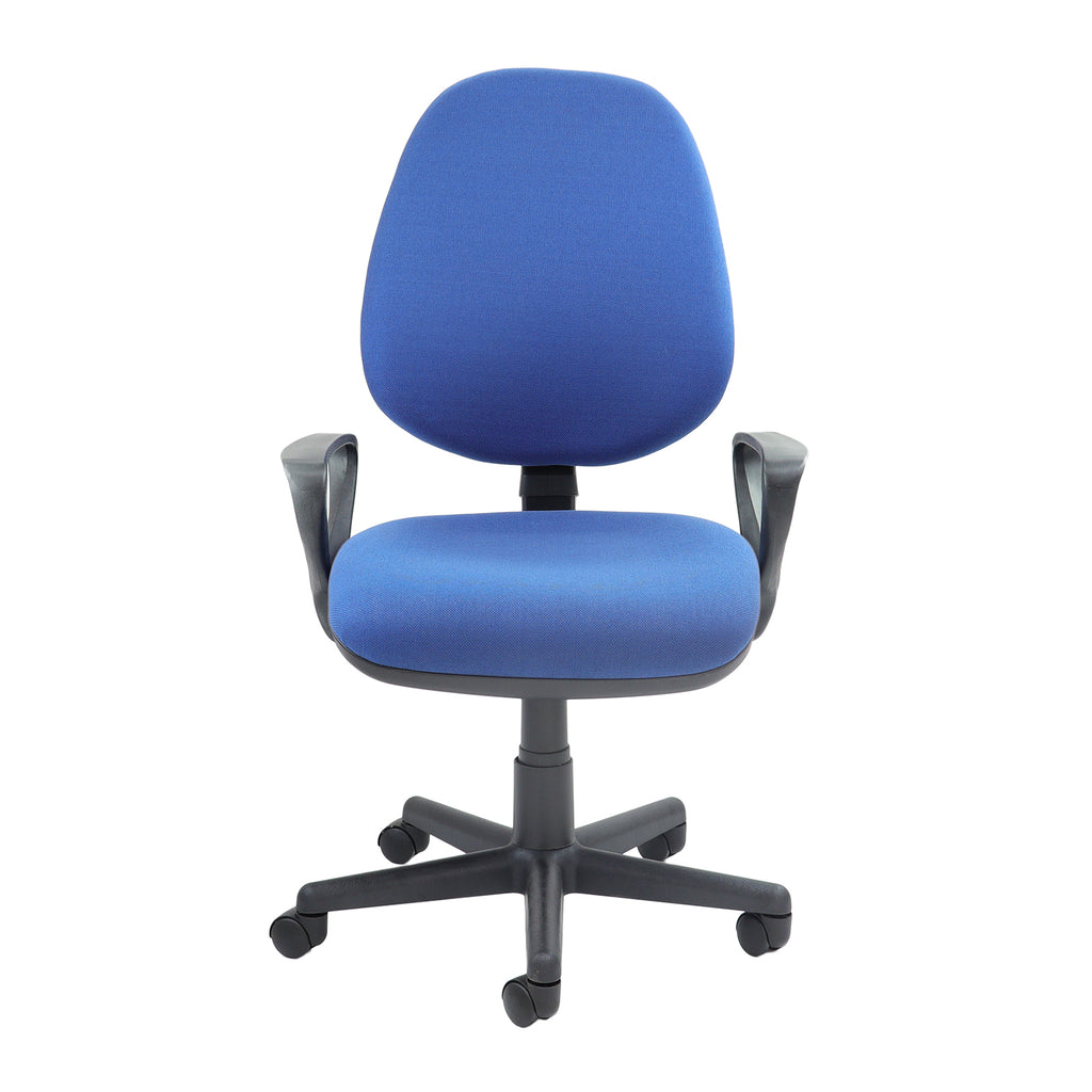 Blue office chair with black armrests and base on a white background