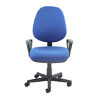 Blue office chair with black armrests and base on a white background