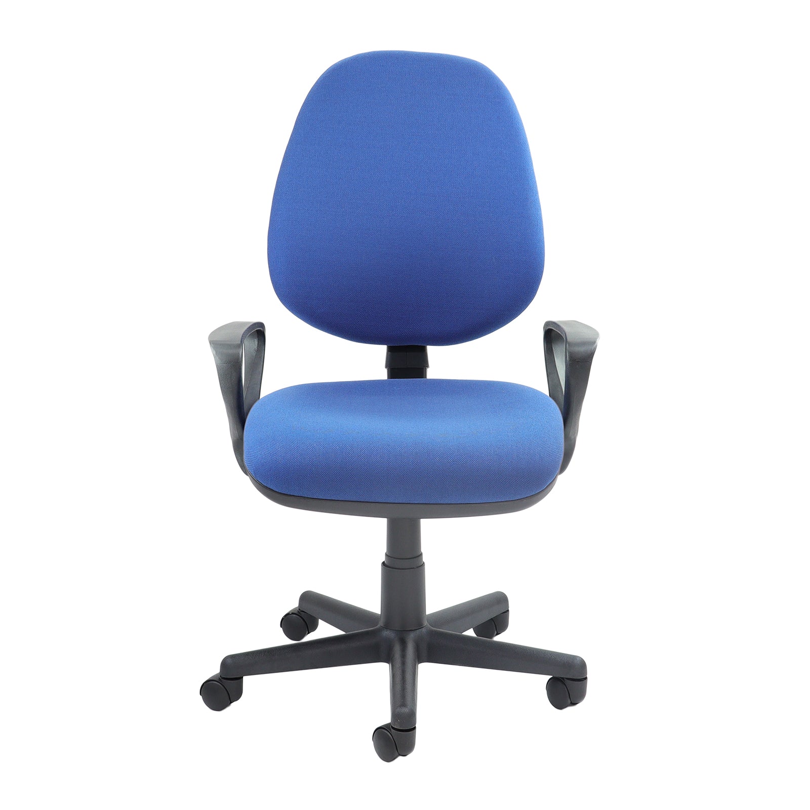 Blue office chair with black armrests and base on a white background