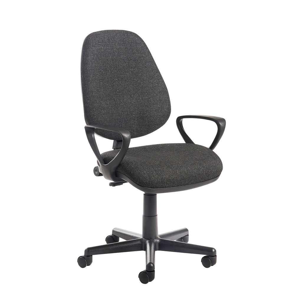 Grey office chair with black armrests and base on a white background
