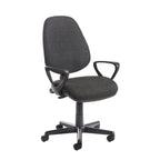 Grey office chair with black armrests and base on a white background
