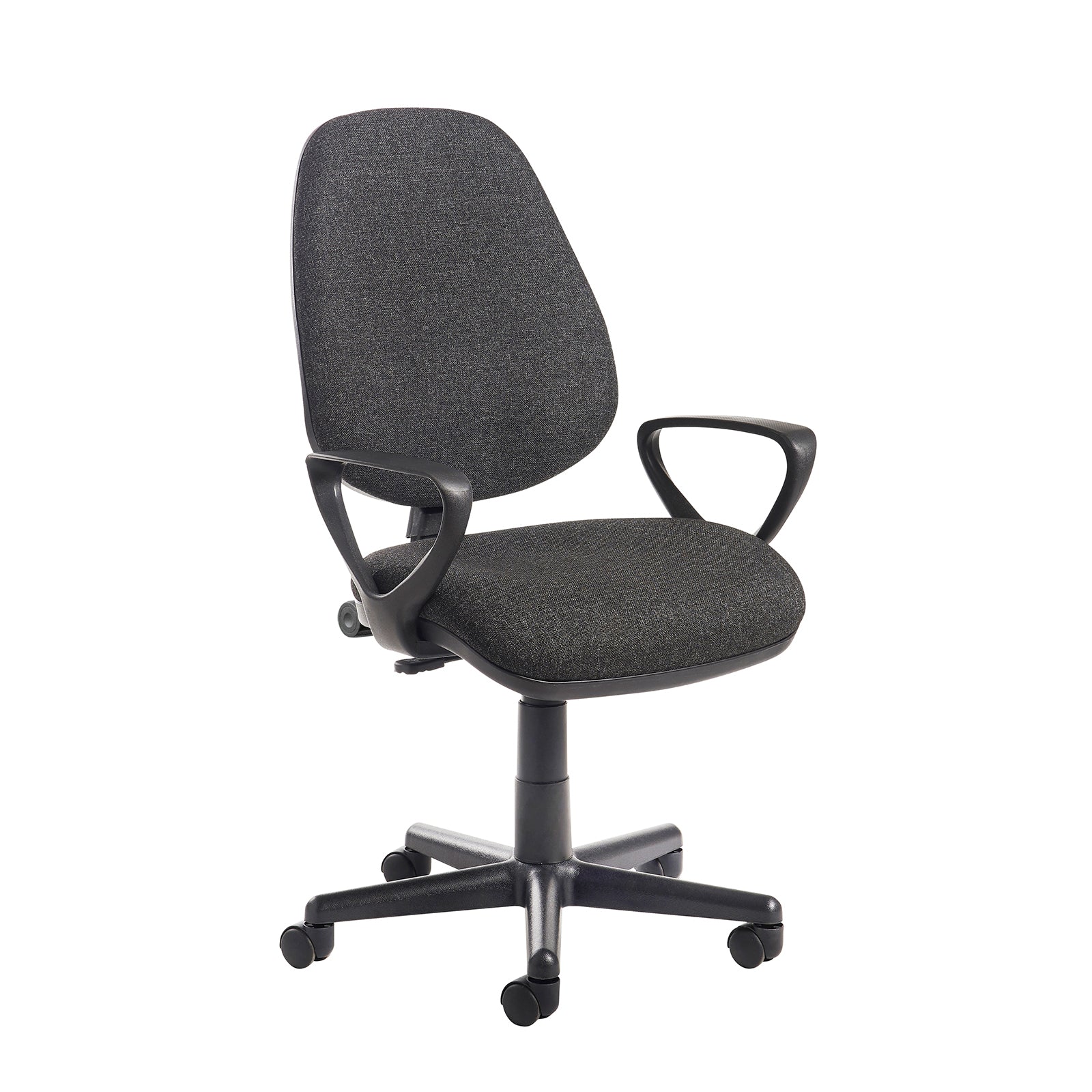 Grey office chair with black armrests and base on a white background