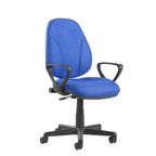 Blue office chair with black armrests and base on a white background