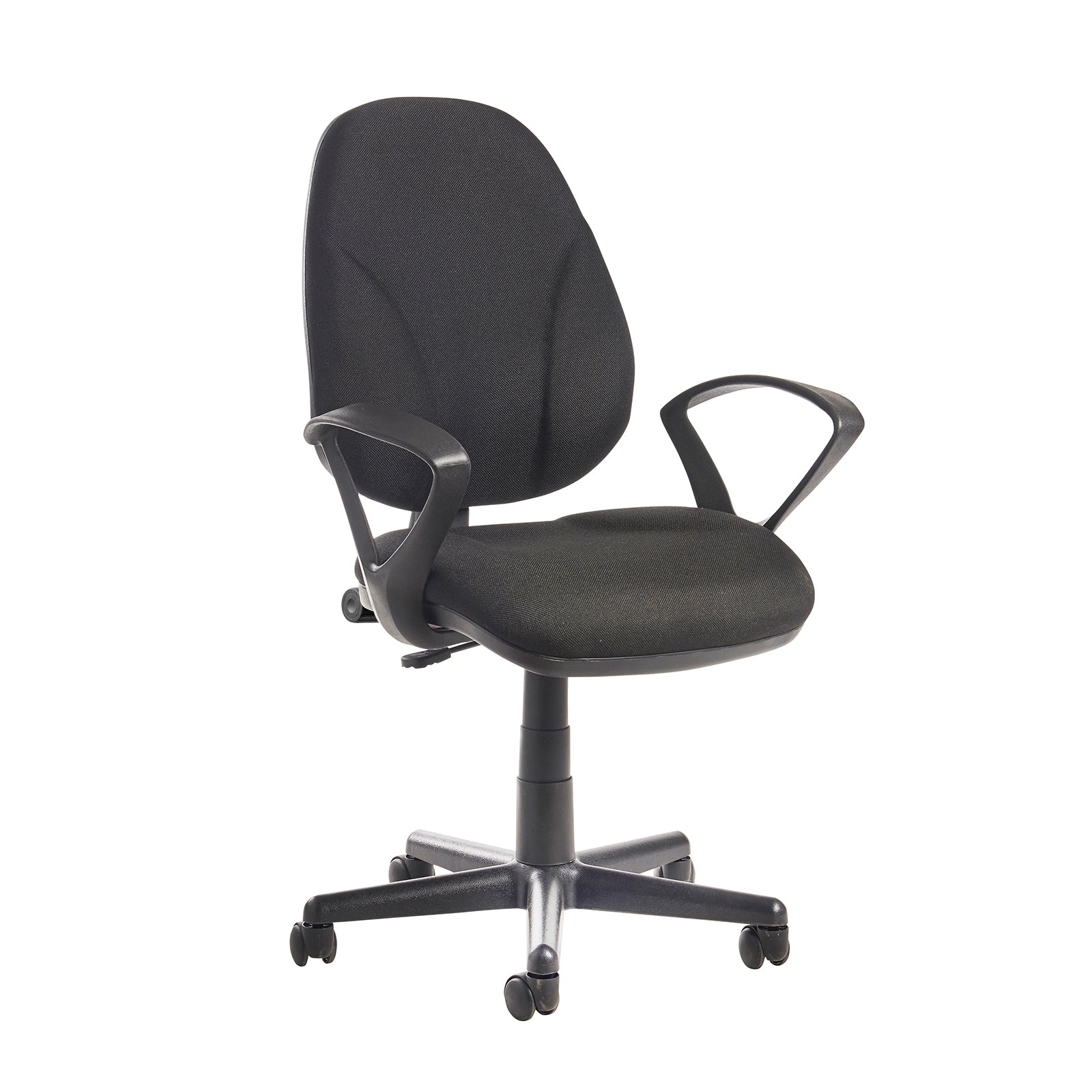 Black office chair with armrests on a white background