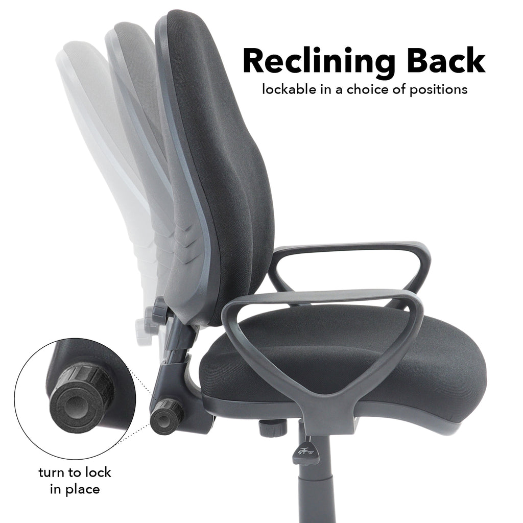 Black office chair with reclining back feature on a white background