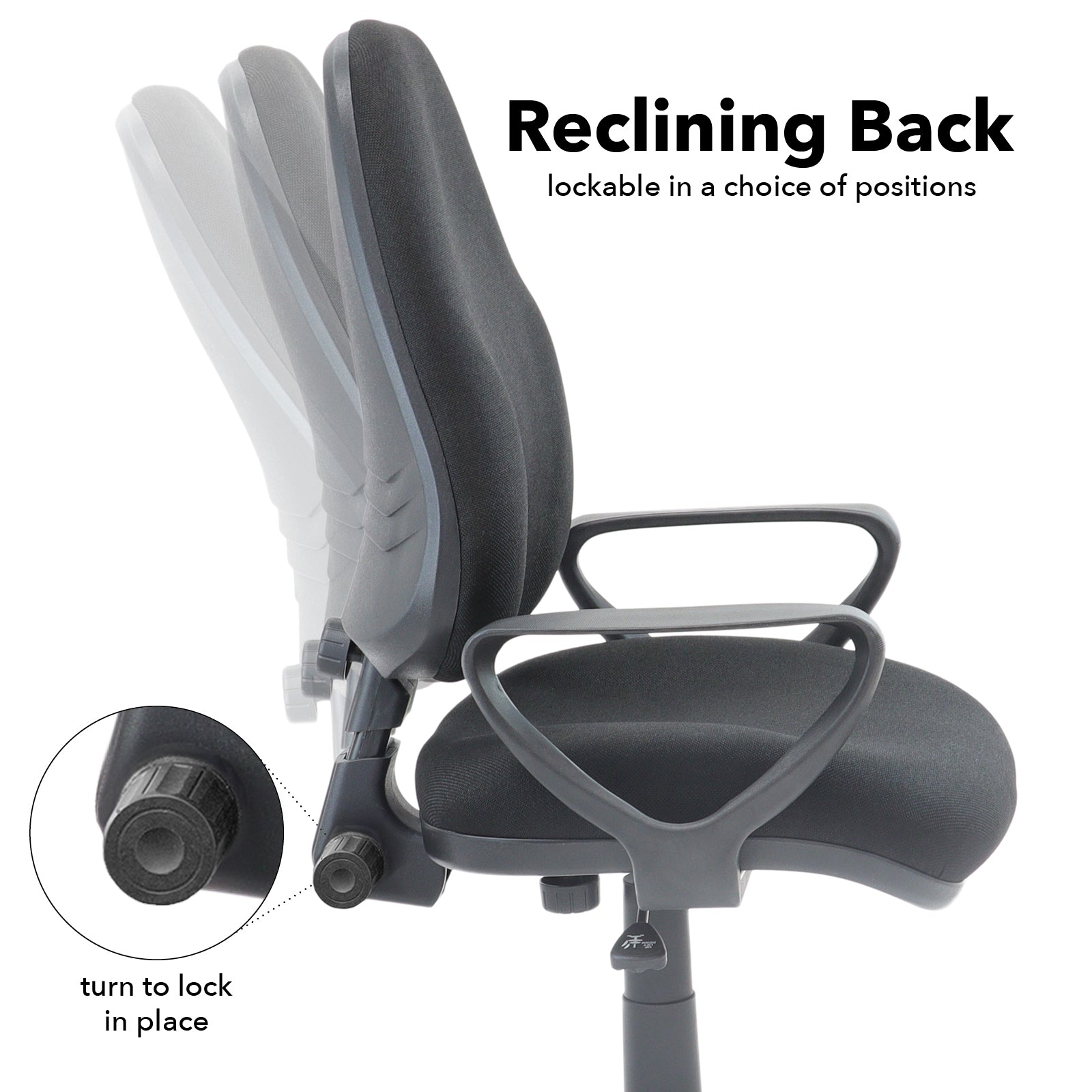 Black office chair with reclining back feature on a white background