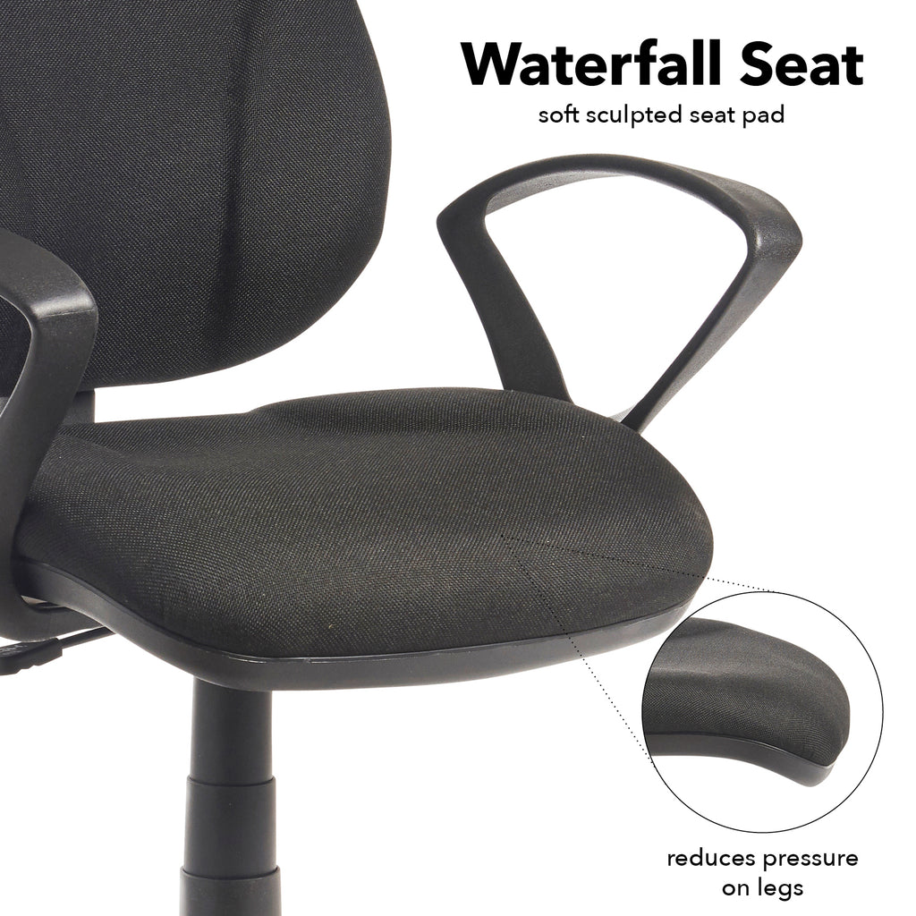 Black office chair with a soft sculpted seat pad labeled 'Waterfall Seat' on a white background.