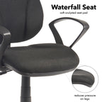 Black office chair with a soft sculpted seat pad labeled 'Waterfall Seat' on a white background.