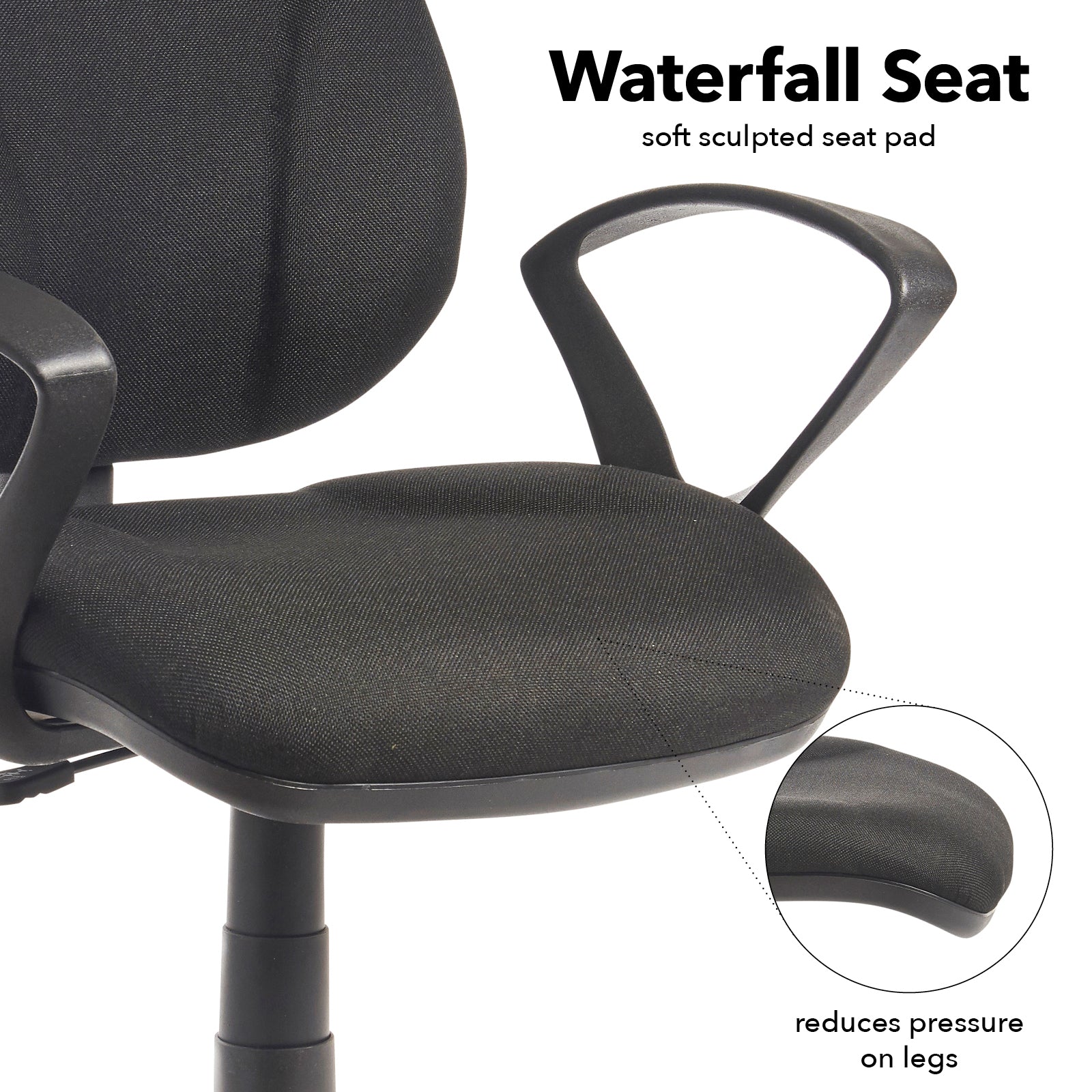 Black office chair with a soft sculpted seat pad labeled 'Waterfall Seat' on a white background.