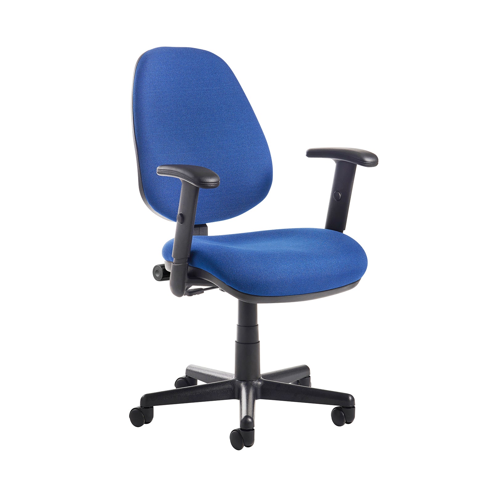 Blue office chair with black armrests and base on a white background