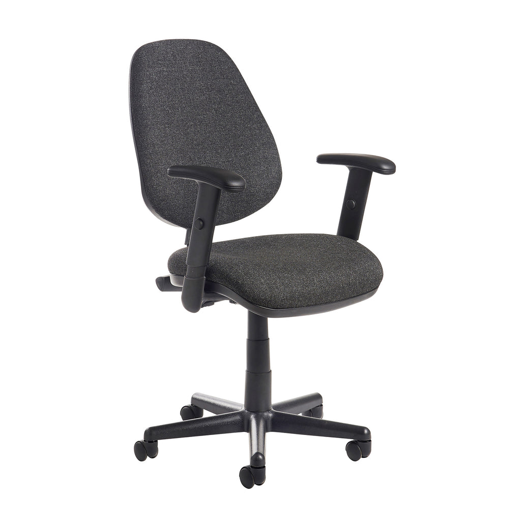 Grey office chair with black armrests and base on a white background