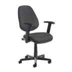 Grey office chair with black armrests and base on a white background