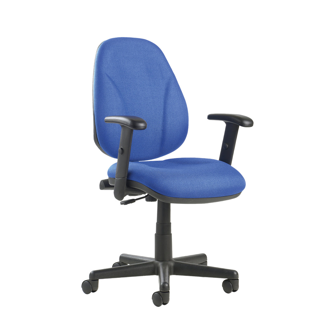 Blue office chair with black armrests and base on a white background