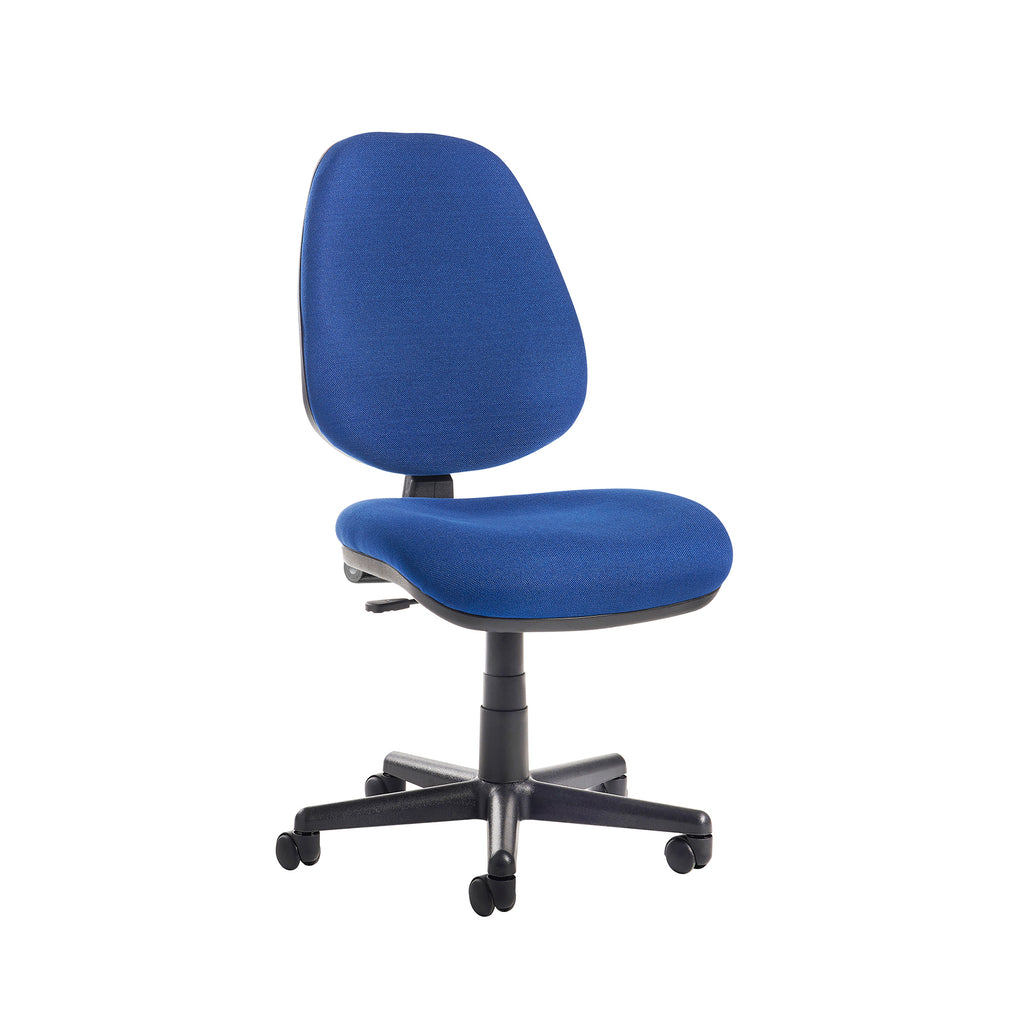 Blue office chair with black base on a white background