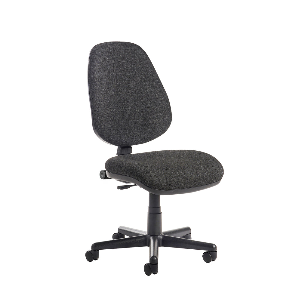 Grey office chair with black base on a white background