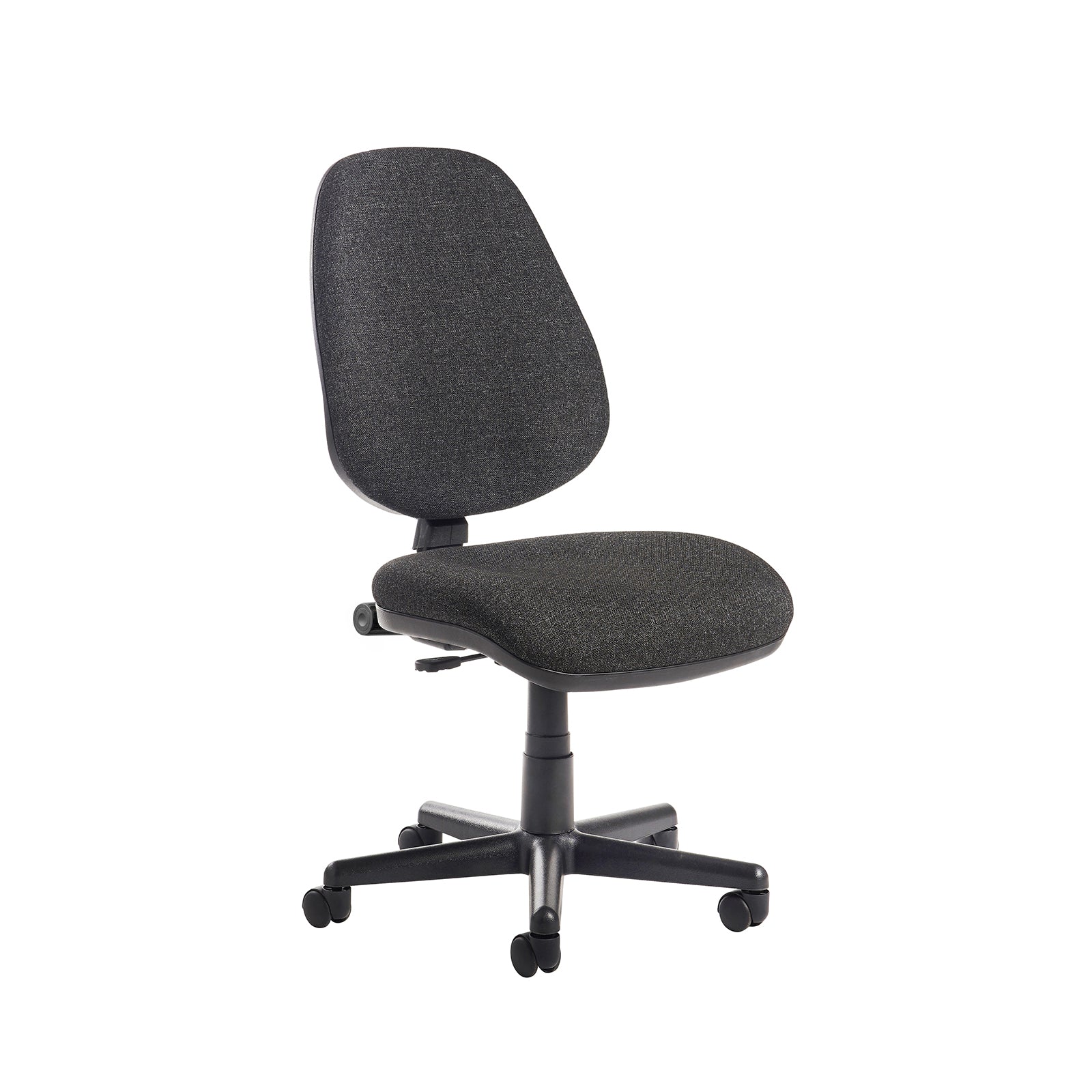 Grey office chair with black base on a white background