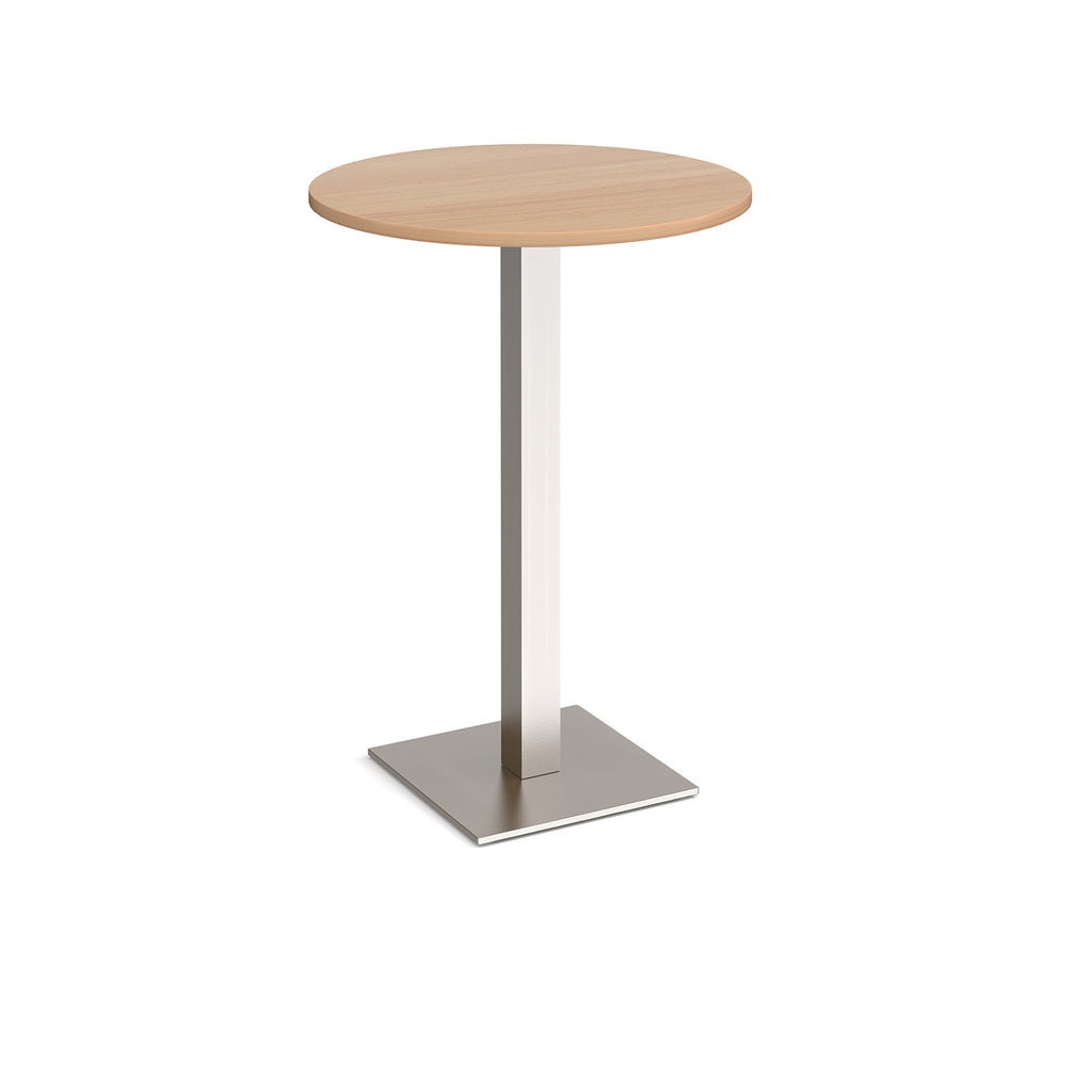 Round poseur table with wood-effect top and brushed steel metal base, shown on a white background
