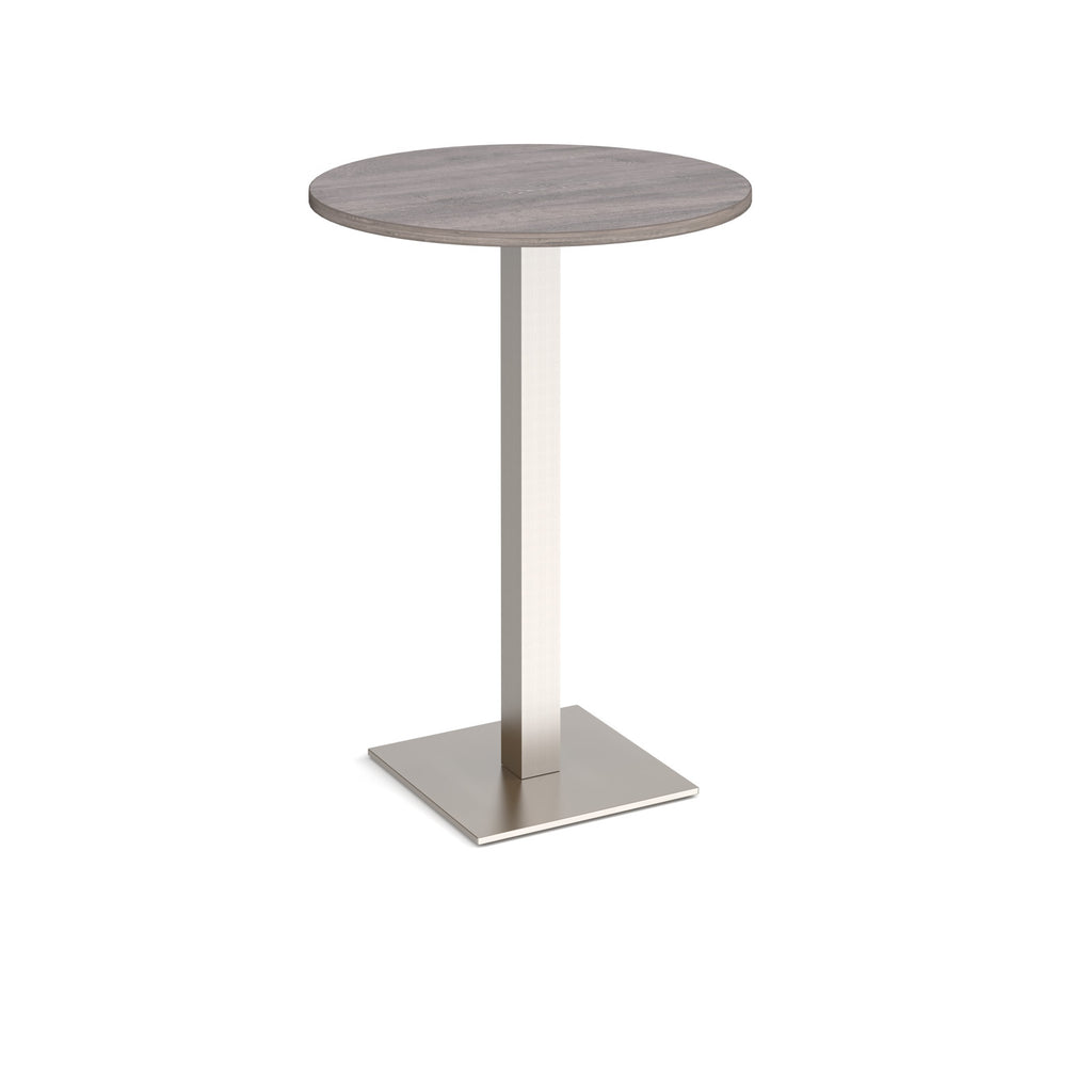 Round poseur table with wood-effect top and brushed steel metal base, shown on a white background