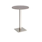 Round poseur table with wood-effect top and brushed steel metal base, shown on a white background