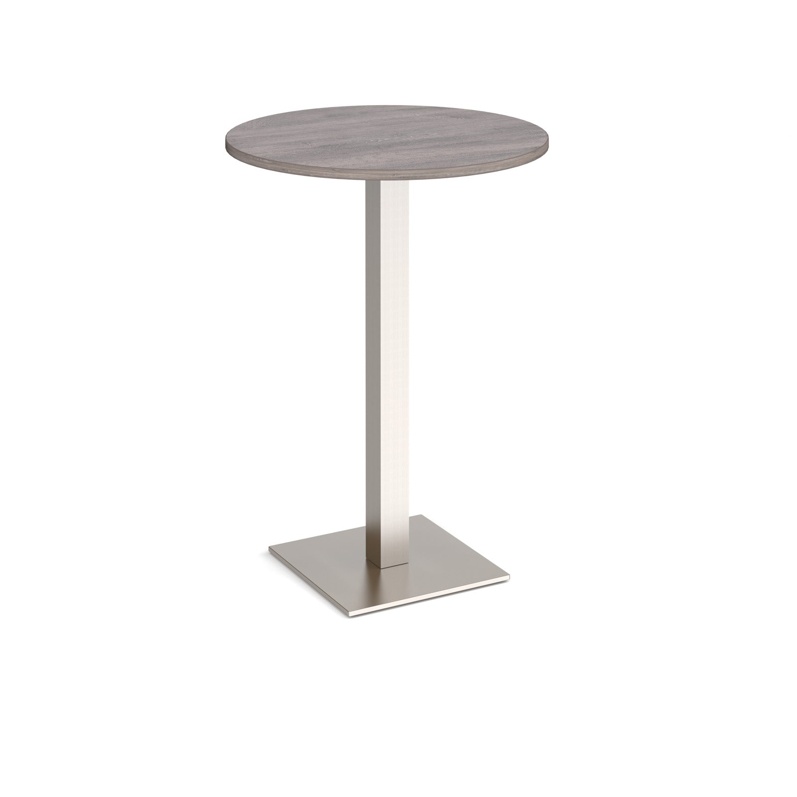 Round poseur table with wood-effect top and brushed steel metal base, shown on a white background