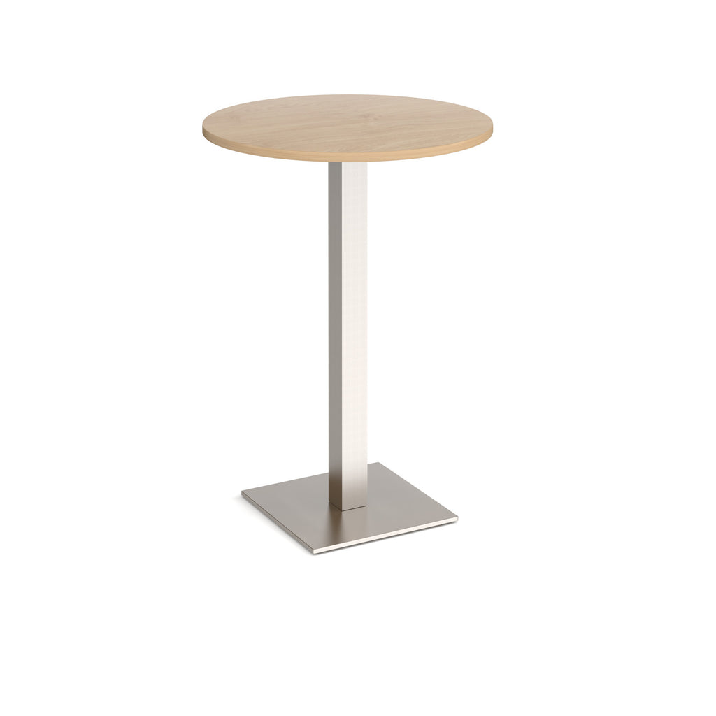 Round poseur table with wood-effect top and brushed steel metal base, shown on a white background