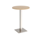 Round poseur table with wood-effect top and brushed steel metal base, shown on a white background