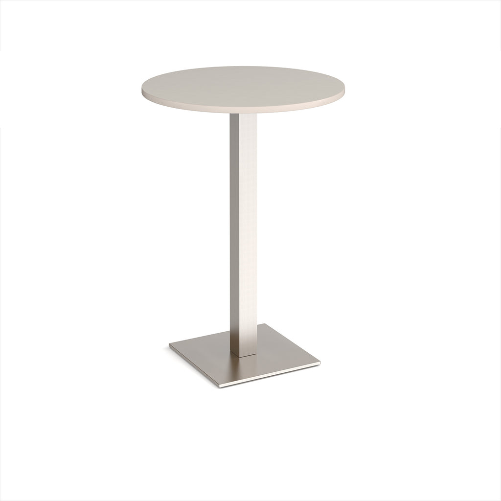 Round poseur table with light grey top and brushed steel metal base, shown on a white background