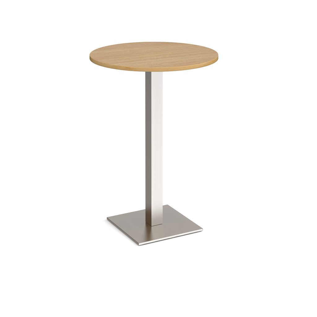 Round poseur table with wood-effect top and brushed steel metal base, shown on a white background