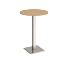 Round poseur table with wood-effect top and brushed steel metal base, shown on a white background