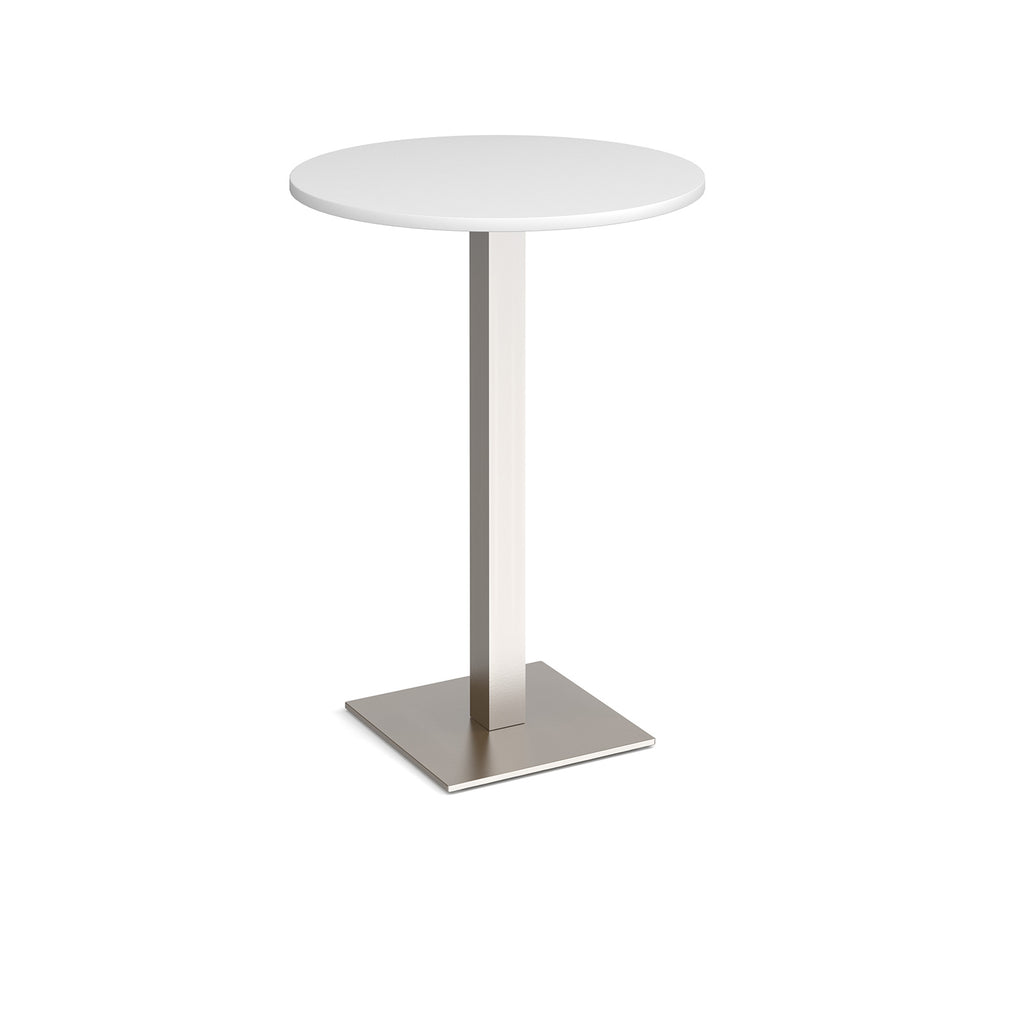 Round poseur table with white top and brushed steel metal base, shown on a white background
