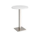Round poseur table with white top and brushed steel metal base, shown on a white background