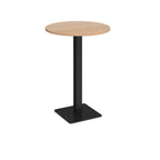 Round poseur table with wood-effect top and black metal base, shown on a white background