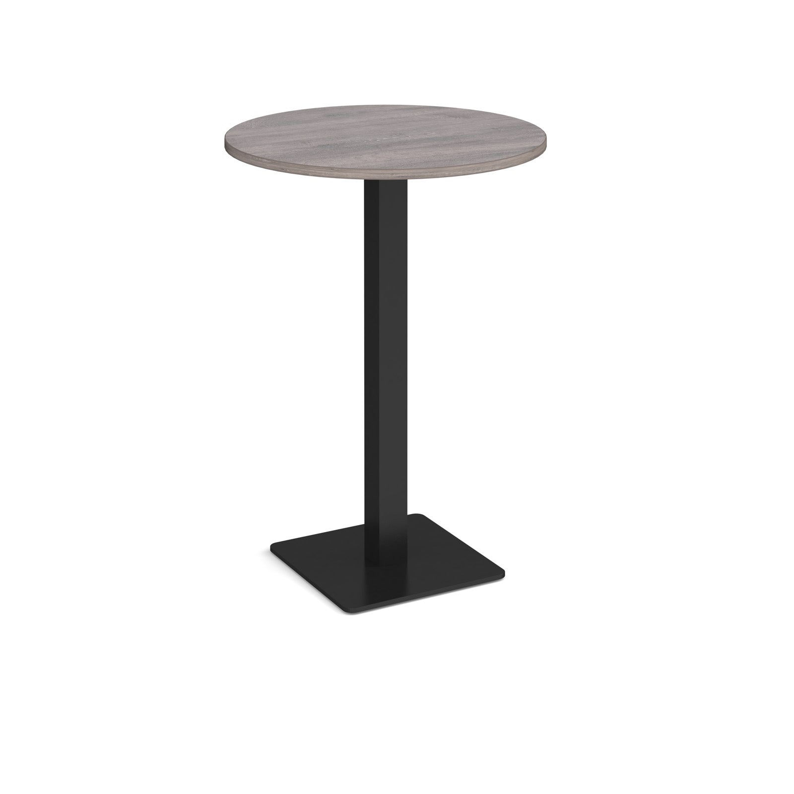 Round poseur table with grey wood-effect top and black metal base, shown on a white background