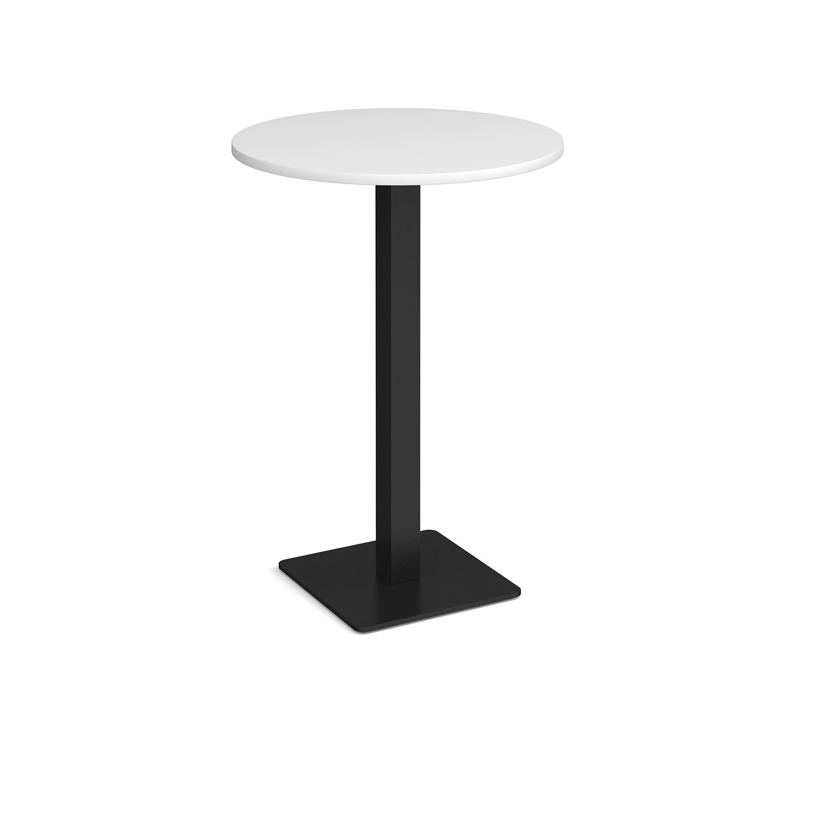 Round poseur table with white top and black metal base, shown on a white background