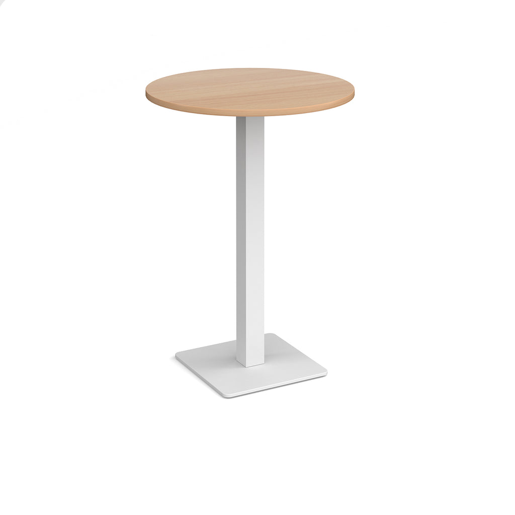 Round poseur table with wood-effect top and white metal base, shown on a white background