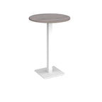 Round poseur table with grey wood-effect top and white metal base, shown on a white background