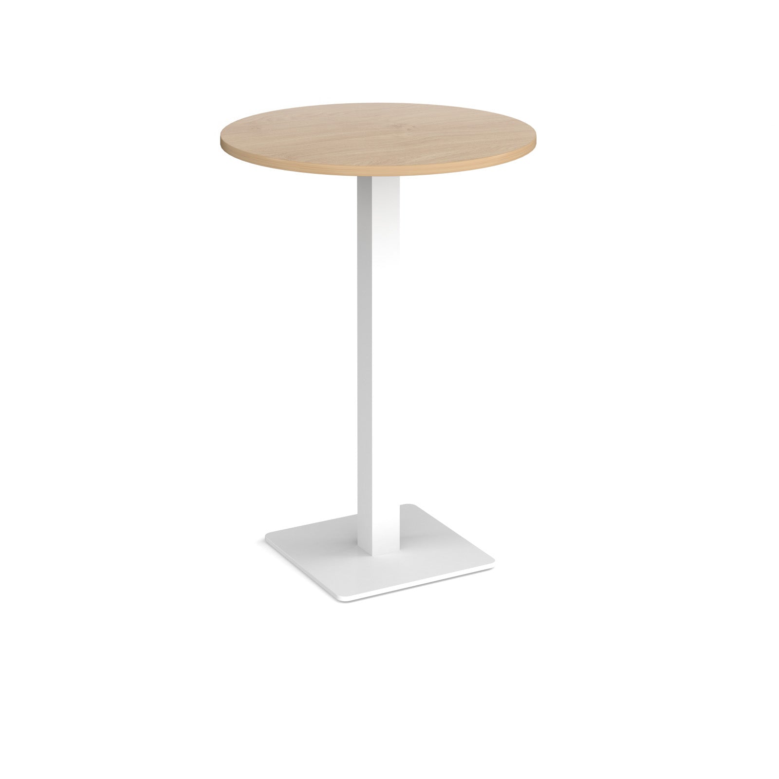 Round poseur table with wood-effect top and white metal base, shown on a white background
