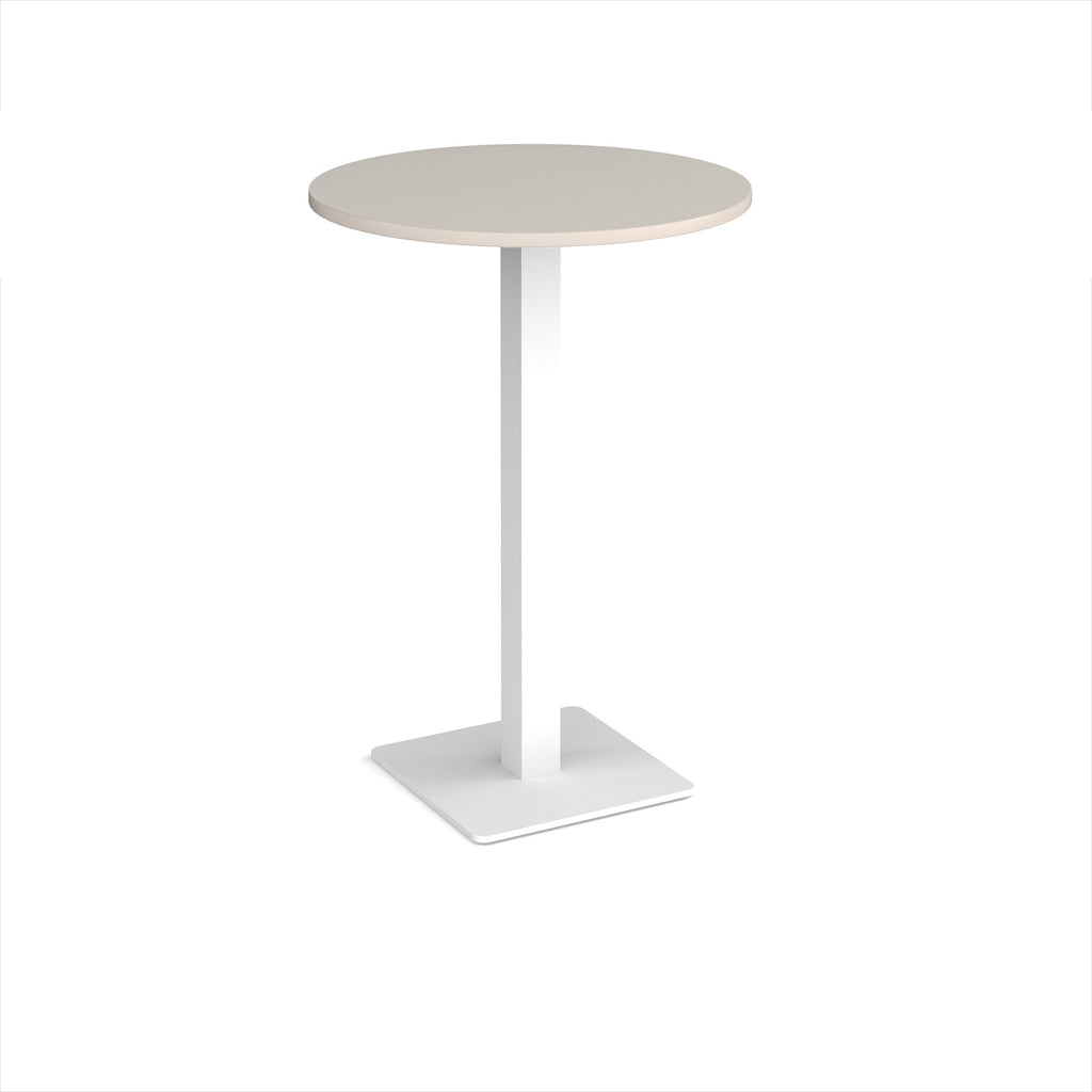 Round poseur table with light grey top and white metal base, shown on a white background