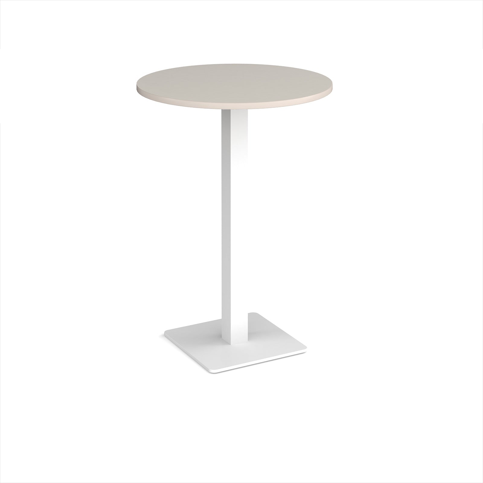 Round poseur table with light grey top and white metal base, shown on a white background