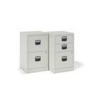 Two light grey metal filing cabinets on a white background, one with two drawers and one with three drawers.