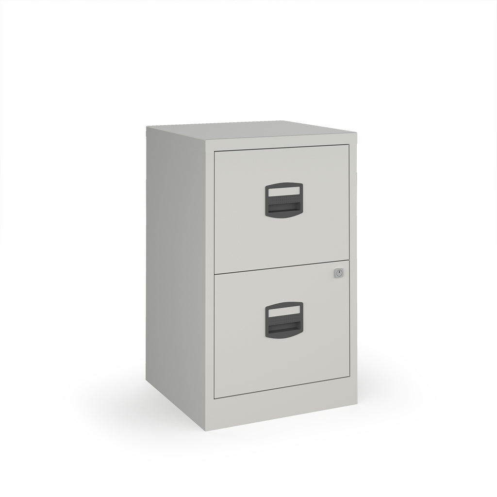 Grey two-drawer filing cabinet on a white background