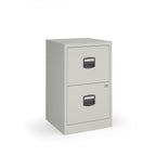 Grey two-drawer filing cabinet on a white background