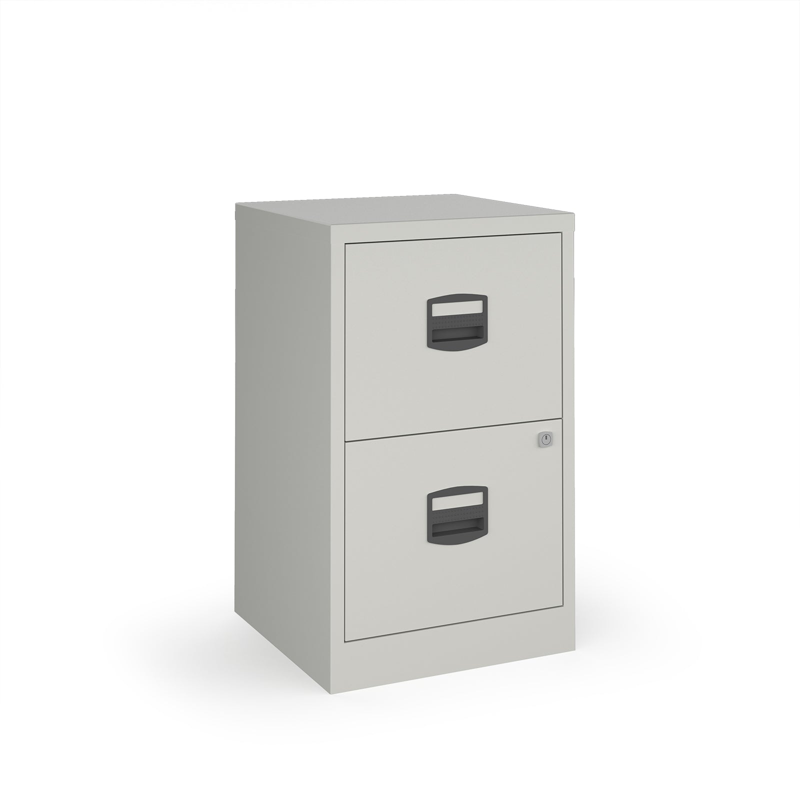 Grey two-drawer filing cabinet on a white background