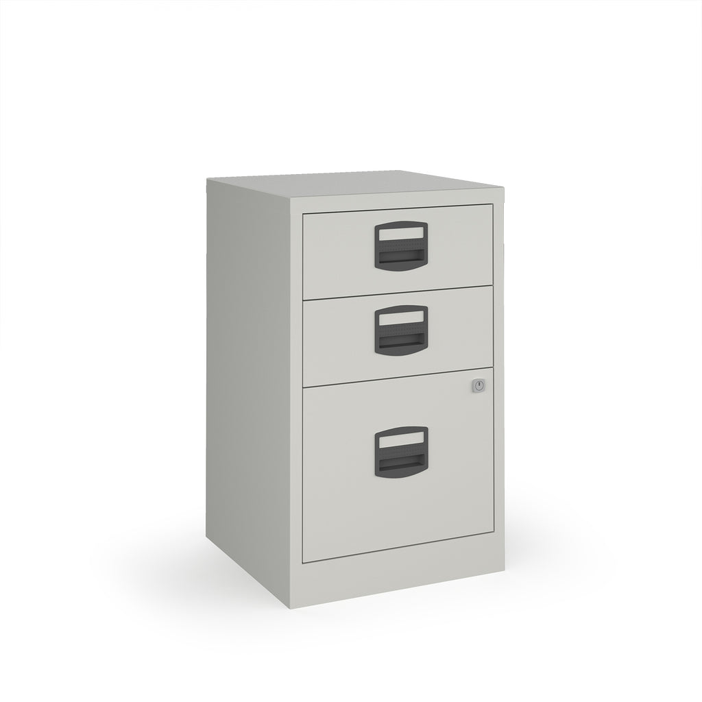Grey three-drawer filing cabinet on a white background