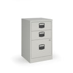 Grey three-drawer filing cabinet on a white background