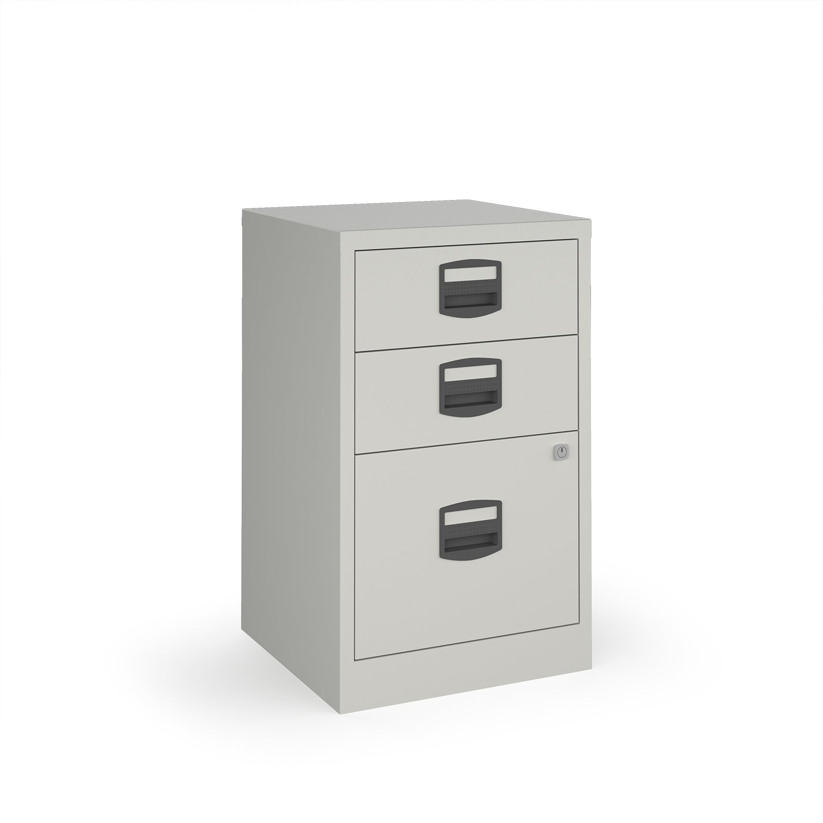 Grey three-drawer filing cabinet on a white background