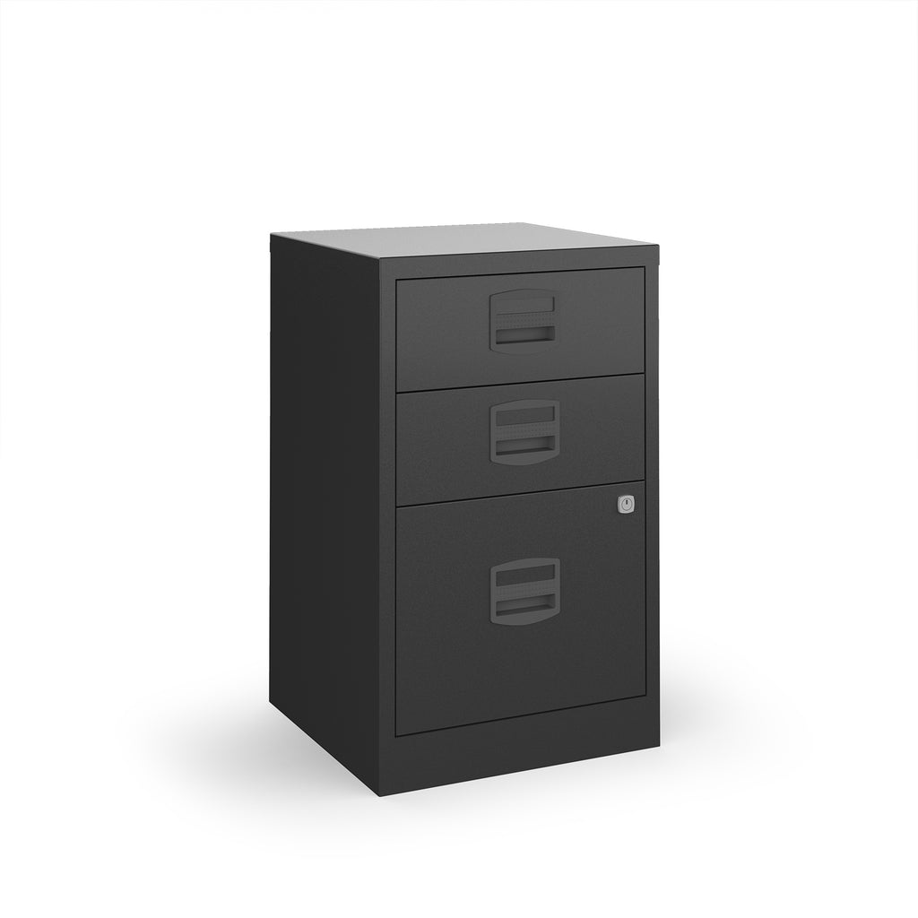 Black three-drawer filing cabinet on a white background
