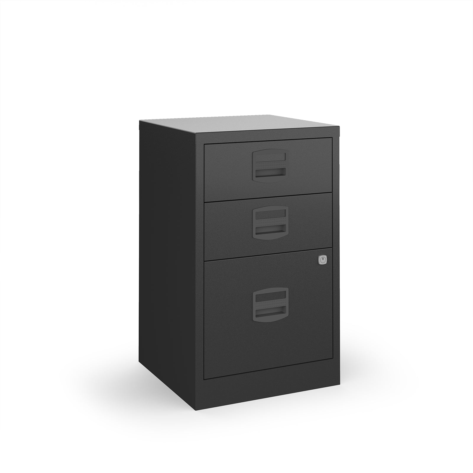 Black three-drawer filing cabinet on a white background