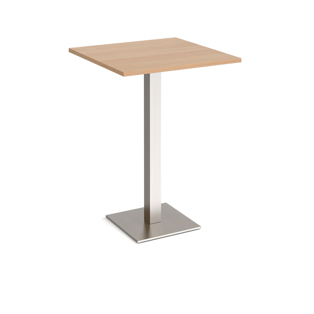 Square poseur table with wood-effect top and brushed steel metal base on a white background